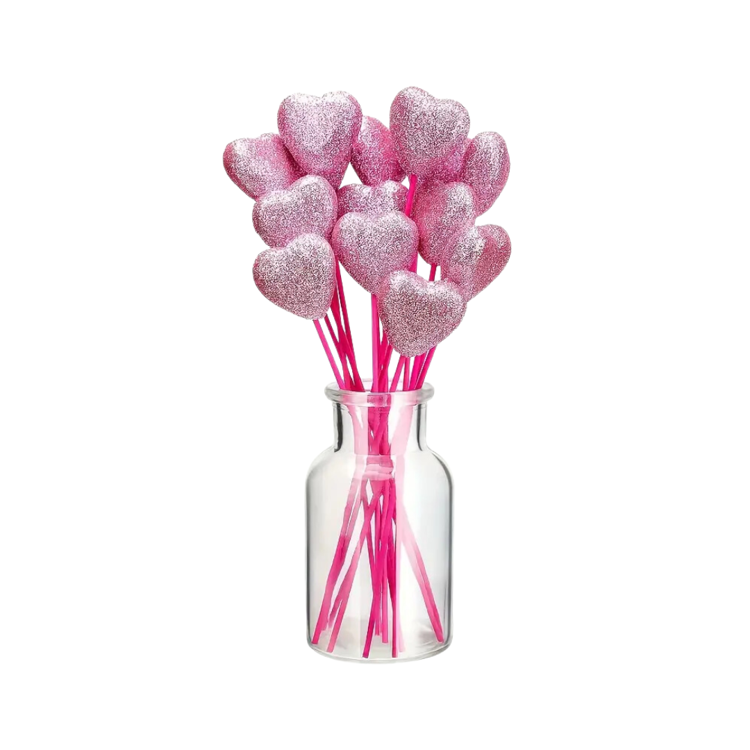 Set Of 6 Pink Glitter Heart Stems