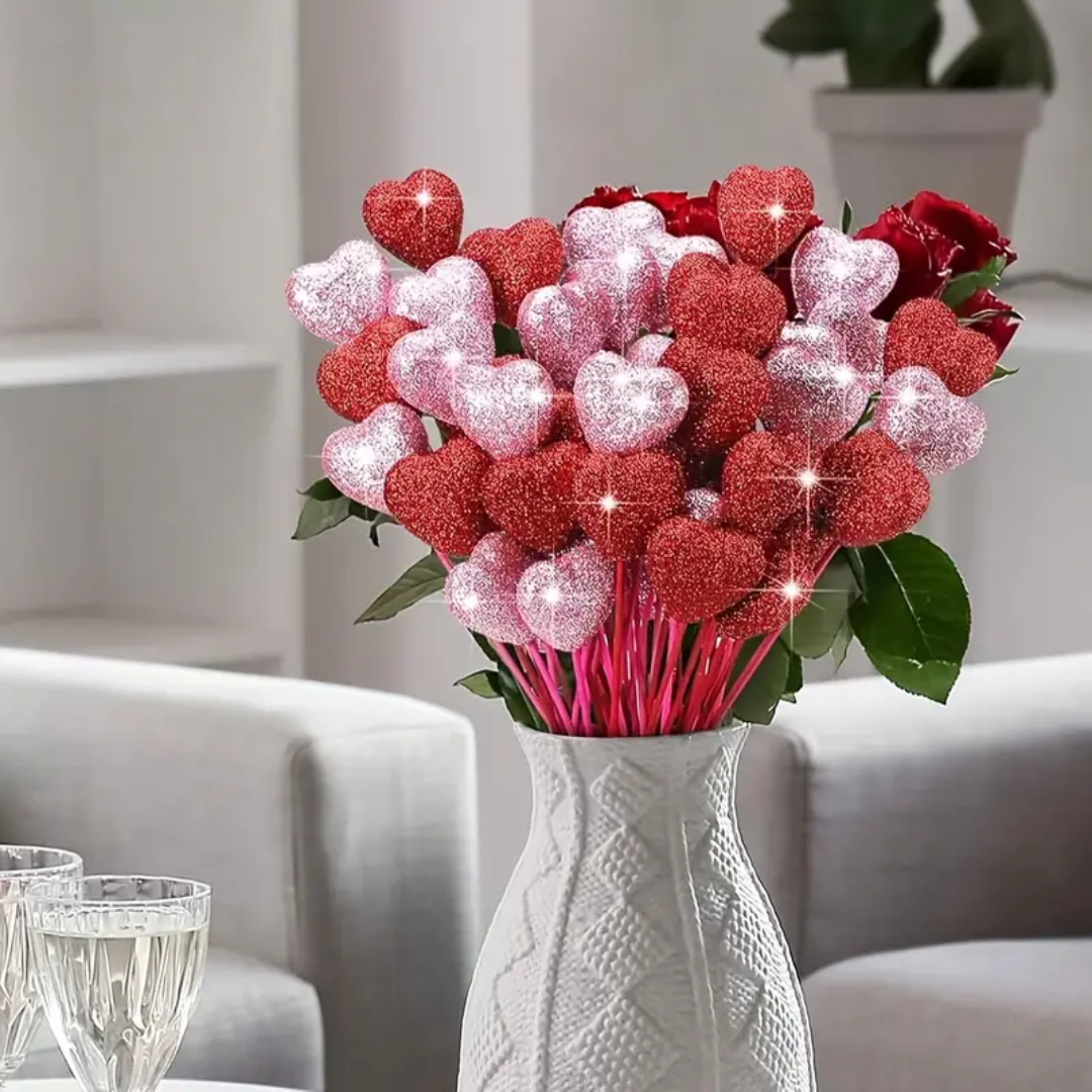 Set Of 6 Pink Glitter Heart Stems