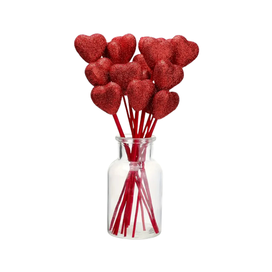 Set Of 6 Red Glitter Heart Stems