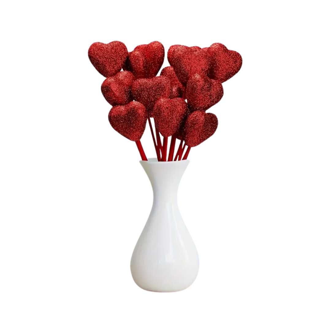 Set Of 6 Red Glitter Heart Stems