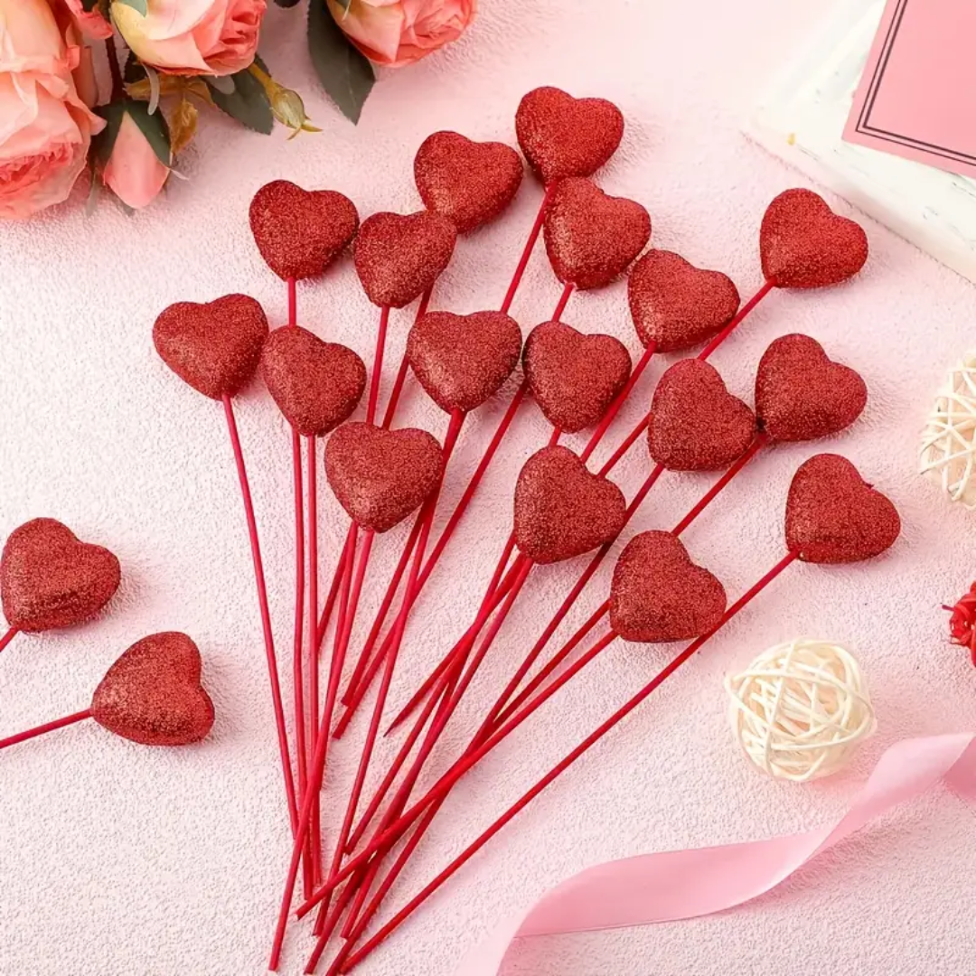 Set Of 6 Red Glitter Heart Stems